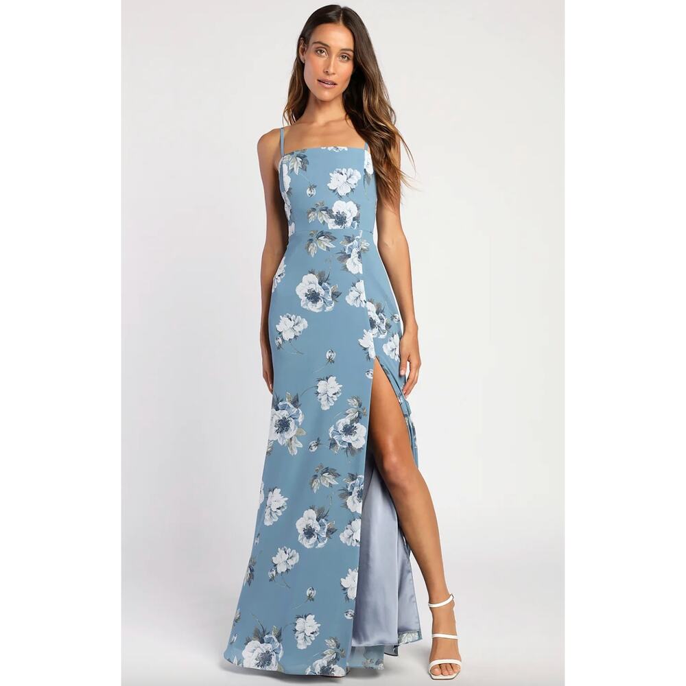 Lulu's Blue Floral Maxi Dress with Side Slit